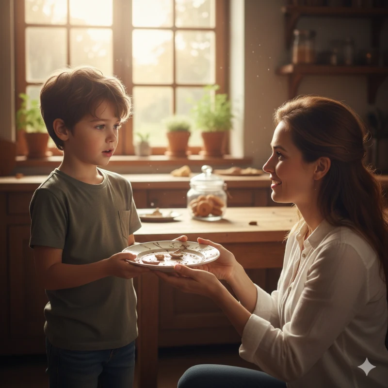 moeder en zoon delen eerlijk moment in warme keuken met zonlicht door raam