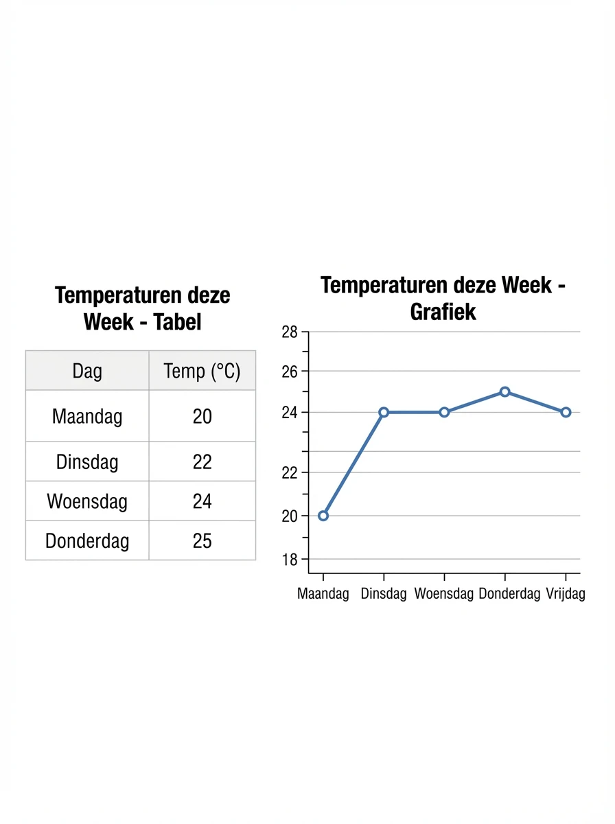 Combinatie tabel en lijngrafiek met temperaturen per dag van maandag tot vrijdag, met opzettelijke verschillen tussen de twee bronnen.