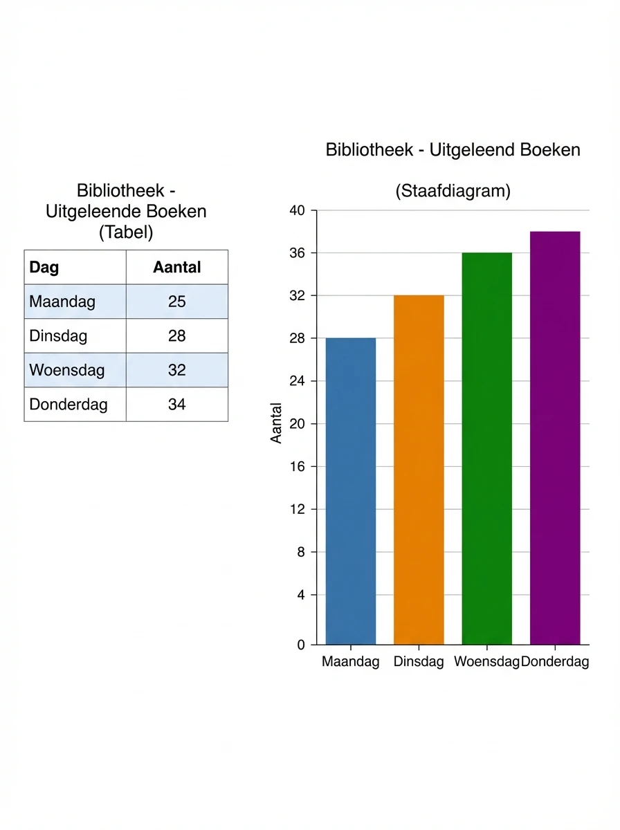 Combinatie tabel en staafdiagram uitgeleende boeken in de bibliotheek per dag, twee bronnen met kleine onderlinge verschillen.