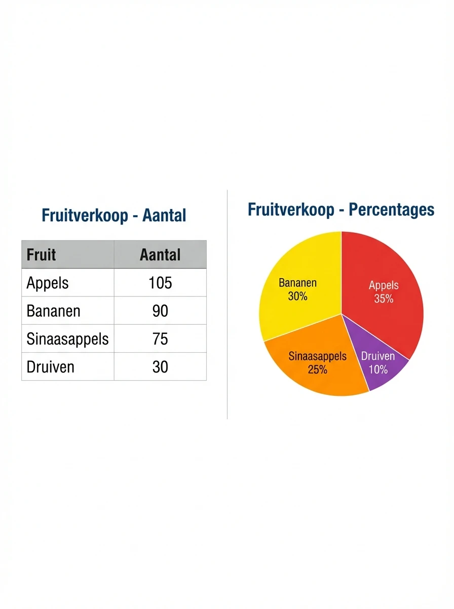 Combinatie tabel en cirkeldiagram fruitverkoop, absolute aantallen versus percentages van vier fruitsoorten.