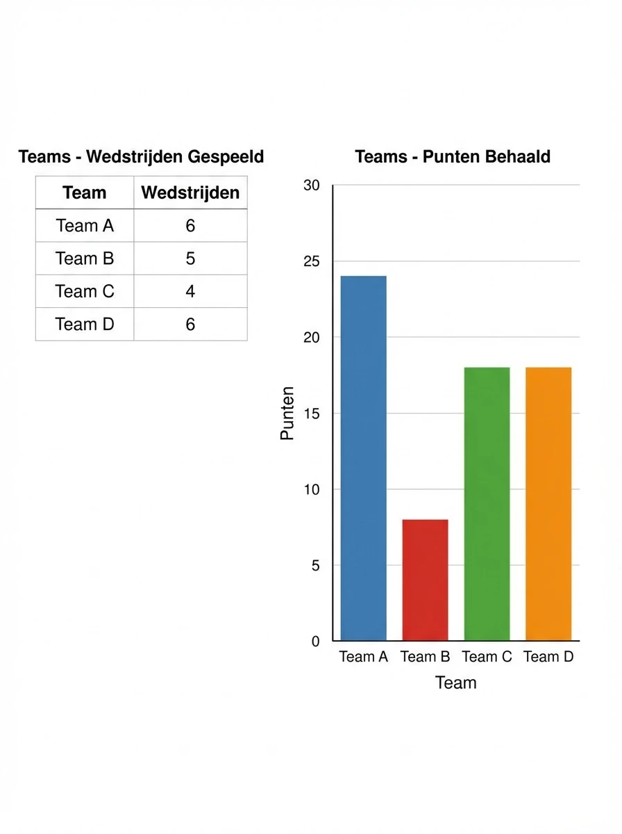 Combinatie tabel en staafdiagram teams, wedstrijden gespeeld en punten behaald voor vier teams.