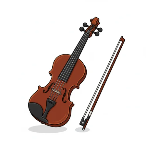 Violin with bow, educational illustration for elementary school music vocabulary, clear recognizable string instrument, wooden finish, clean style, white background, suitable for 9-10 year olds, no text or words visible in the image