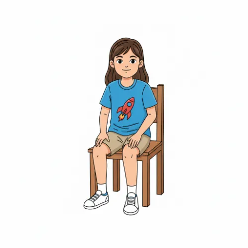 Child sitting on chair, action pose, educational illustration for elementary school actions vocabulary, recognizable seated position, clean style, white background, suitable for 9-10 year olds, no text or words visible in the image