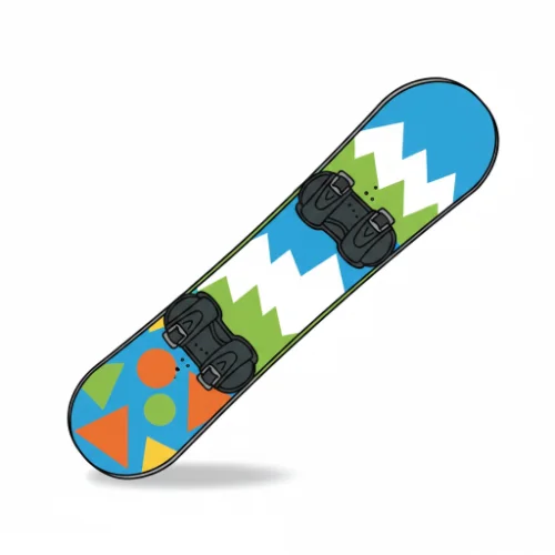 Snowboard with colorful design and bindings, educational illustration for elementary school winter sports vocabulary, recognizable single board, clean style, white background, suitable for 9-10 year olds, no text or words visible in the image