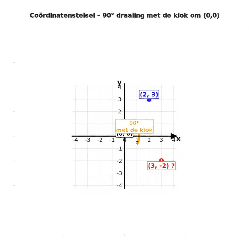 Coördinatenstelsel met punt (2, 3) en een gebogen pijl die 90° rotatie met de klok mee toont naar (3, -2).