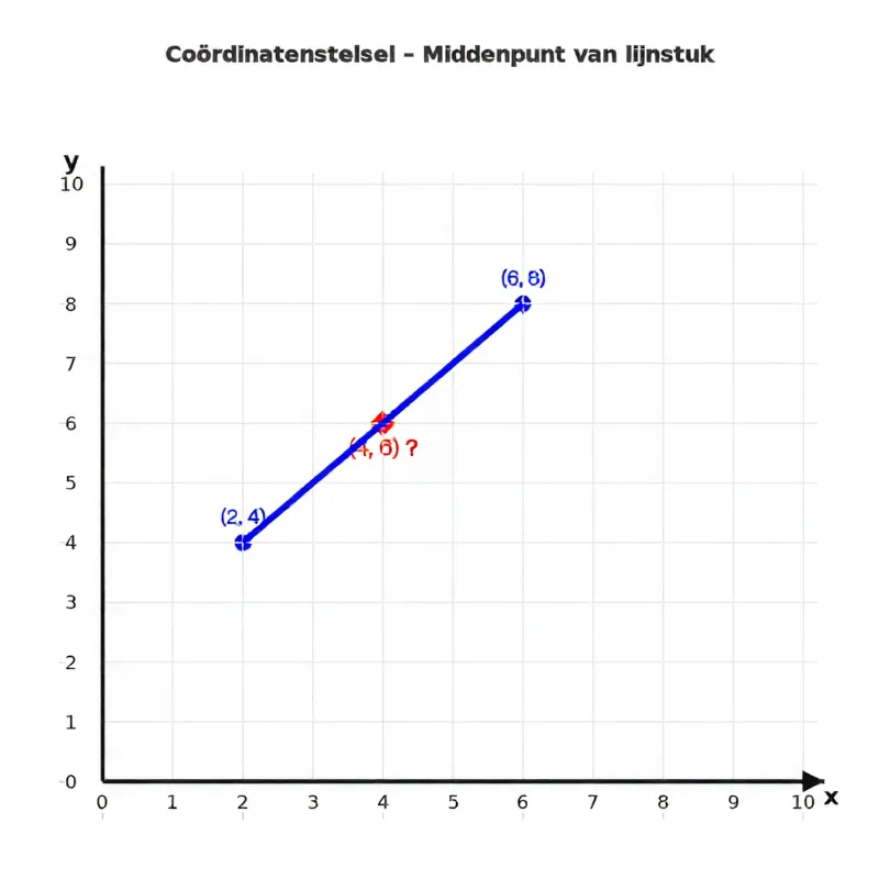 Coördinatenstelsel met twee punten op (2, 4) en (6, 8), verbonden door een lijn met het middenpunt (4, 6) gemarkeerd.