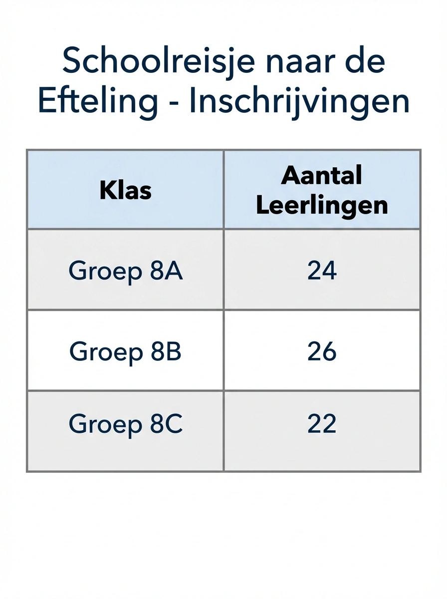 Tabel met inschrijvingen schoolreisje naar de Efteling per klas, drie groepen groep 8