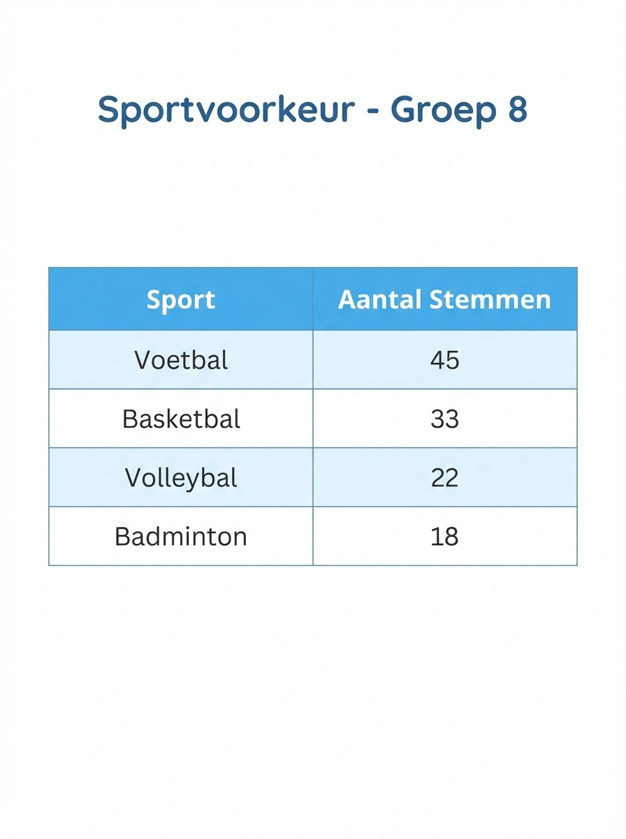 abel met sportvoorkeur groep 8, vier sporten met in totaal 118 stemmen