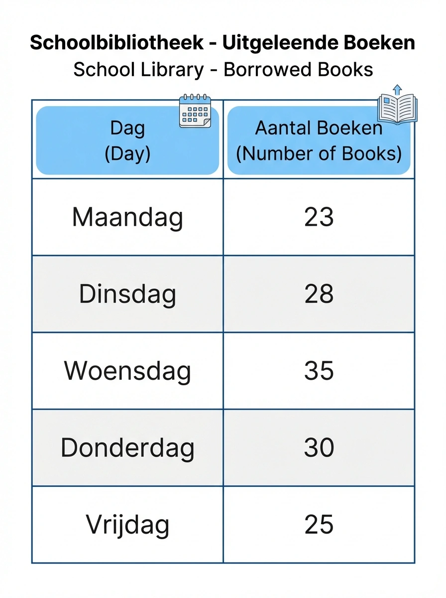 abel met uitgeleende boeken per dag in de schoolbibliotheek, totaal 141 boeken in 5 dagen.