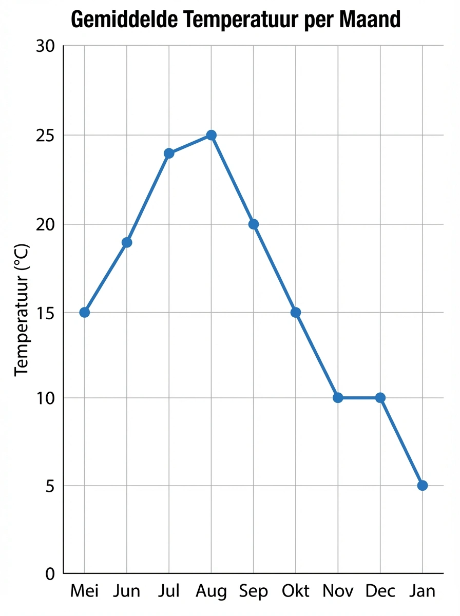 Lijngrafiek met gemiddelde temperaturen per maand van mei tot januari, piek in augustus op 25°C