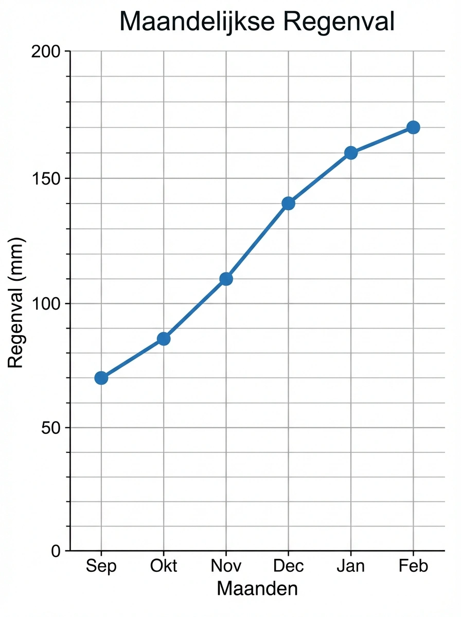 Lijngrafiek met maandelijkse neerslag van september tot februari, stijgende lijn van 70mm naar 170mm