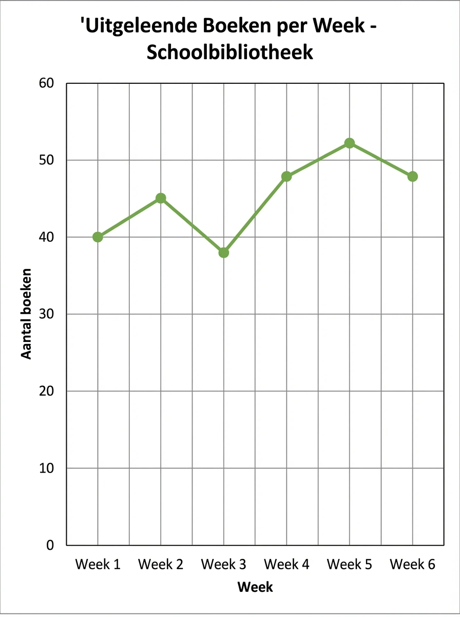 Lijngrafiek met aantal uitgeleende boeken per week in de schoolbibliotheek, zes weken met variërende aantallen.