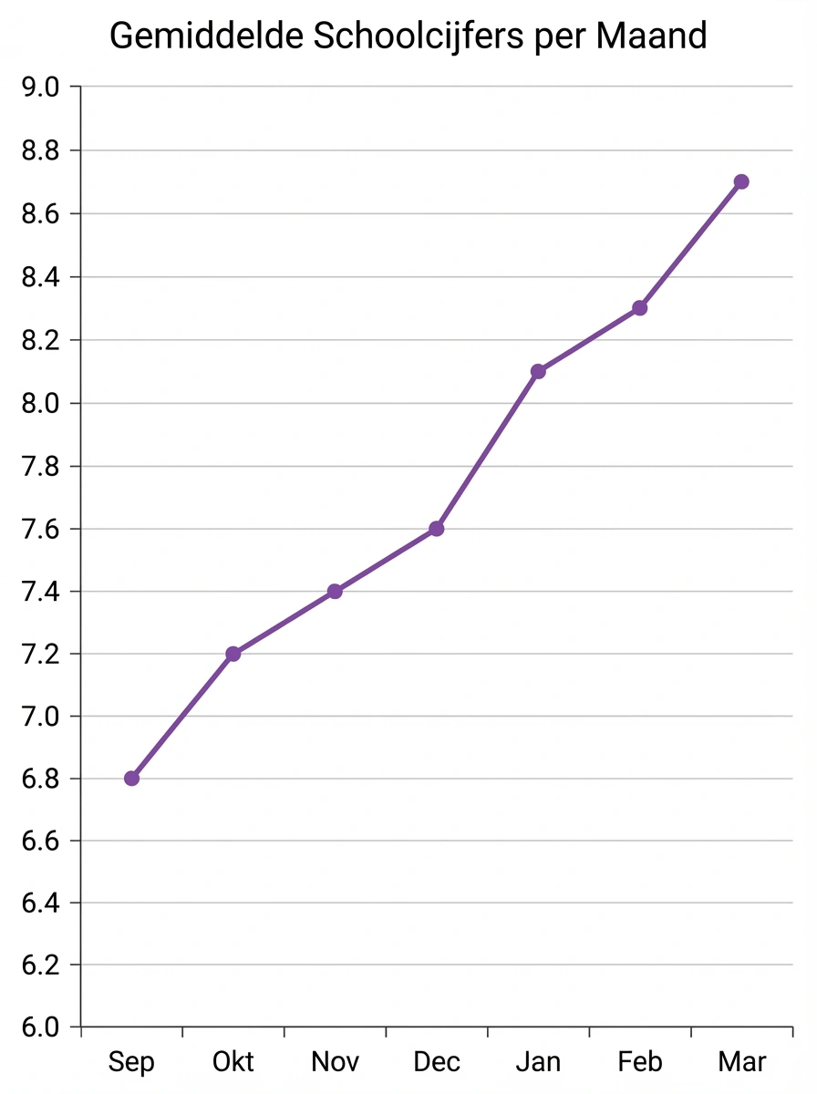Lijngrafiek met gemiddelde schoolcijfers per maand van september tot maart, stijgende trend van 6,8 naar 8,7