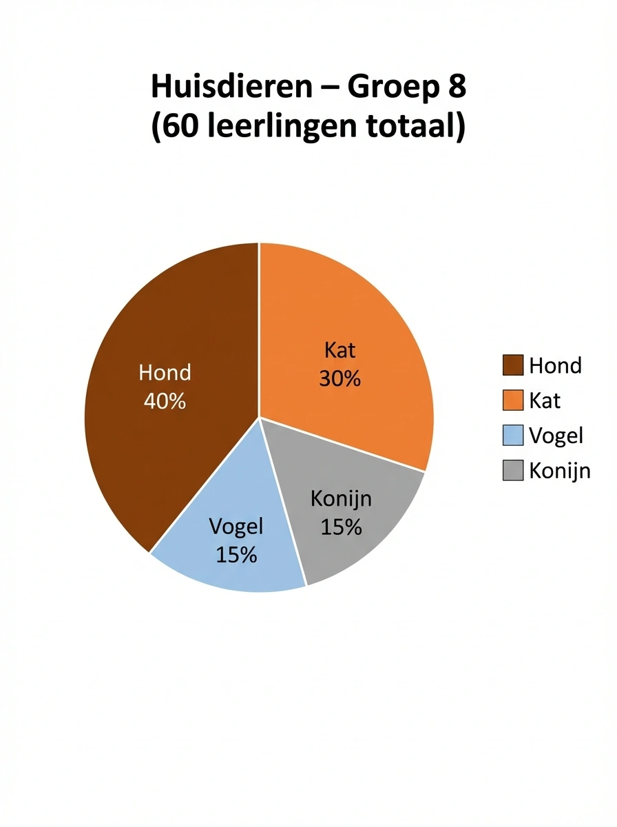 Cirkeldiagram van huisdieren van 60 leerlingen met vier secties: Hond 40% bruin, Kat 30% oranje, Vogel 15% lichtblauw en Konijn 15% grijs, met percentages en leyenda