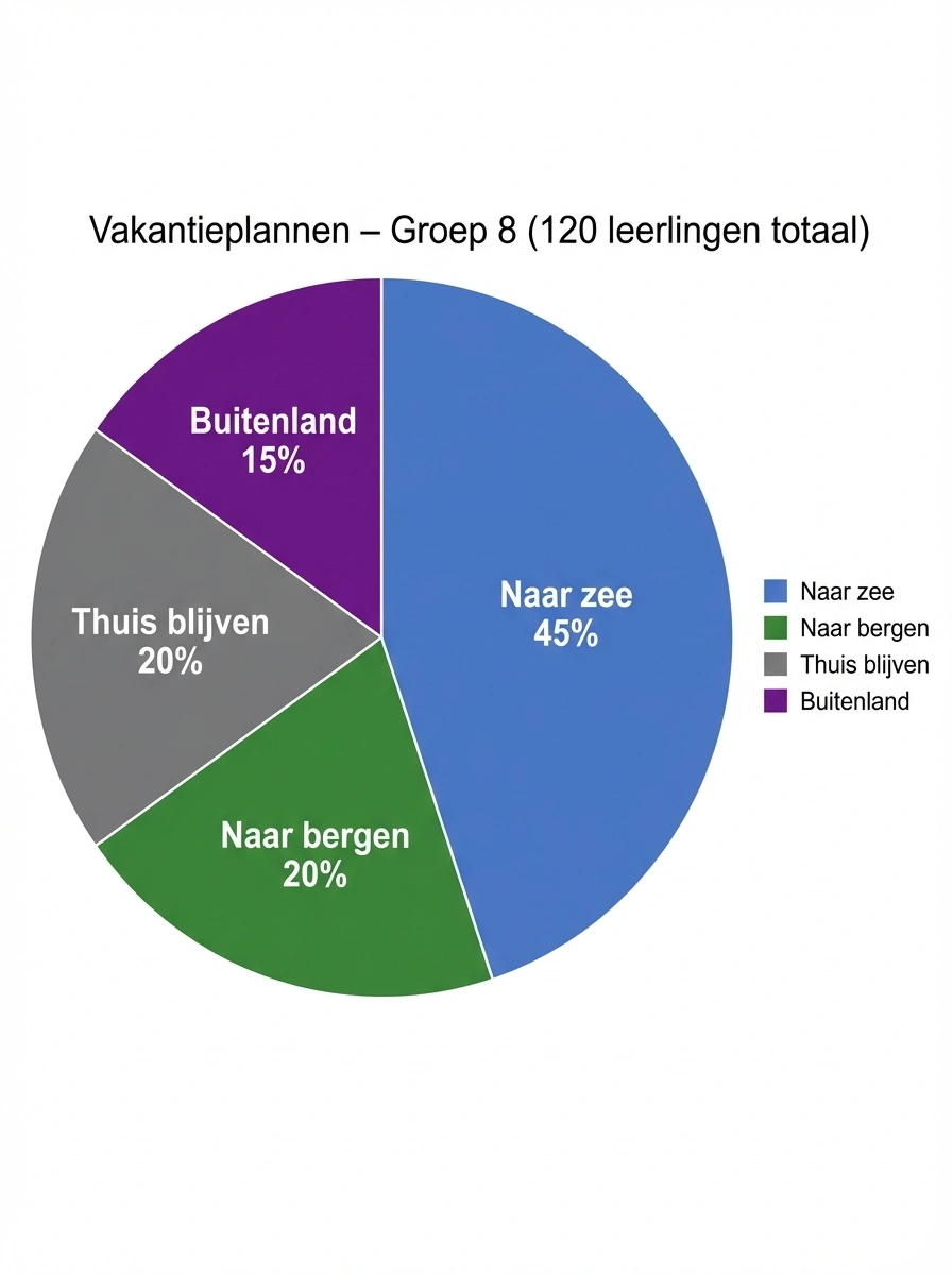 Cirkeldiagram van vakantieplannen van 120 leerlingen met vier secties: Naar zee 45% blauw, Naar bergen 20% groen, Thuis blijven 20% grijs en Buitenland 15% paars, met percentages en leyenda