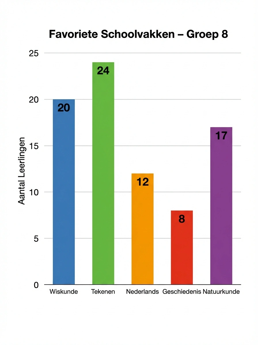 Staafdiagram met vijf schoolvakken voor groep 8: Wiskunde 20, Tekenen 24, Nederlands 12, Geschiedenis 8 en Natuurkunde 17 leerlingen. Waarden zichtbaar boven elke balk.