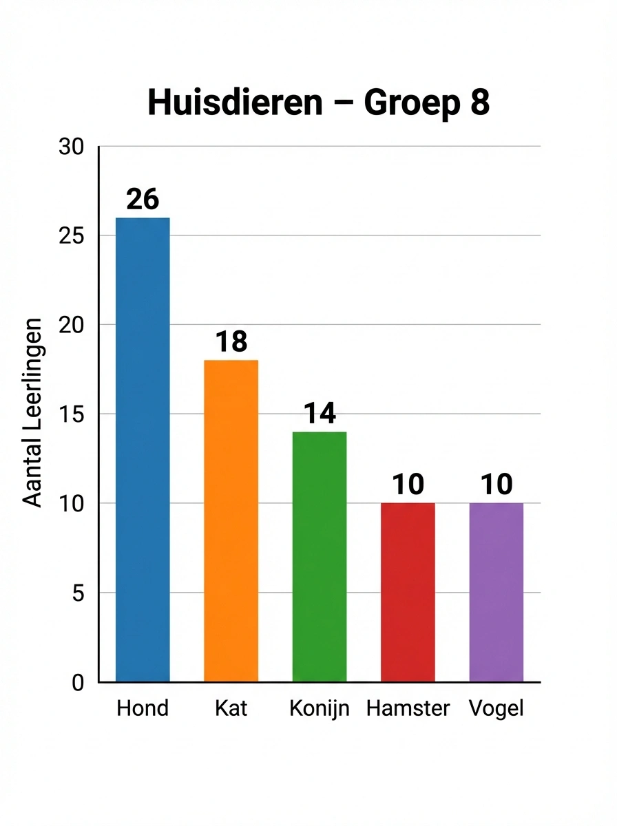Staafdiagram met vijf huisdieren voor groep 8: Hond 26, Kat 18, Konijn 14, Hamster 10 en Vogel 10 leerlingen. Waarden zichtbaar boven elke balk.