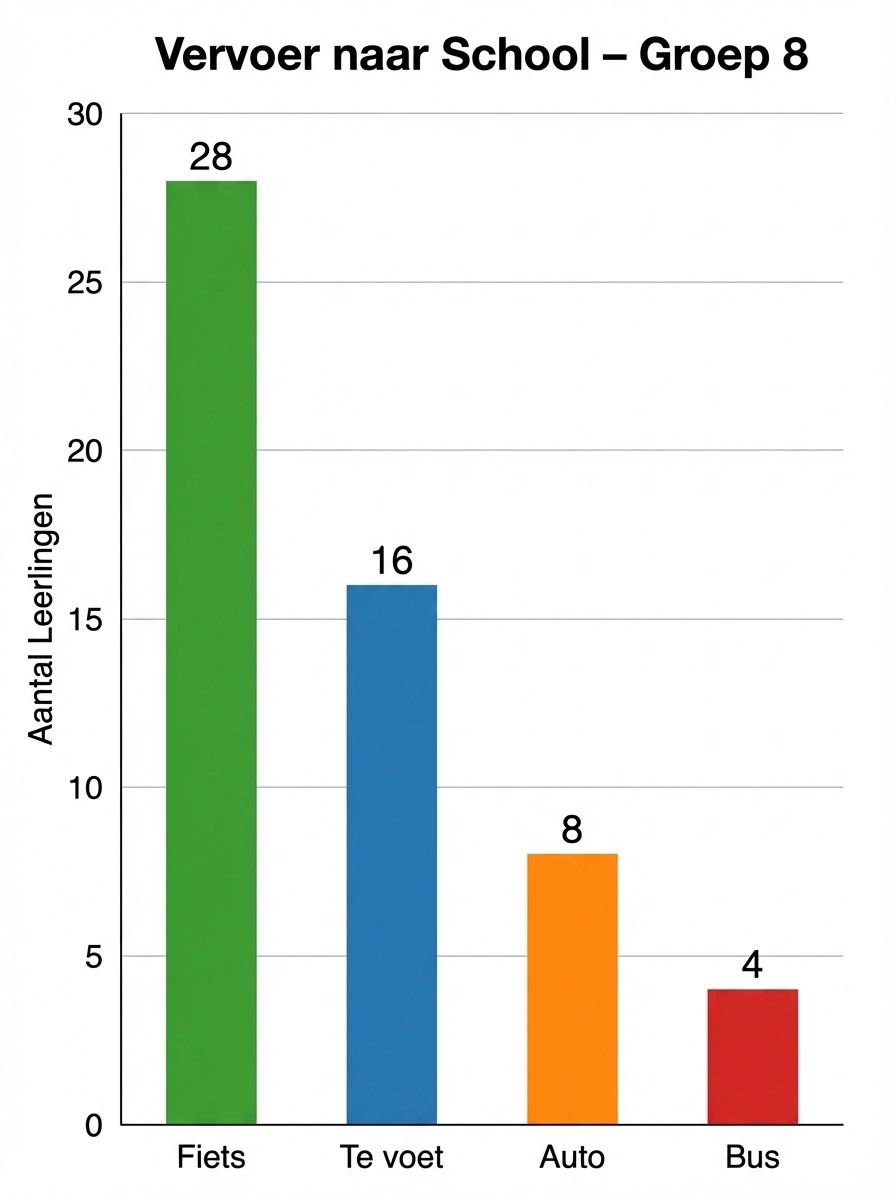 Staafdiagram met vier vervoersmiddelen naar school voor groep 8: Fiets 28, Te voet 16, Auto 8 en Bus 4 leerlingen. Waarden zichtbaar boven elke balk