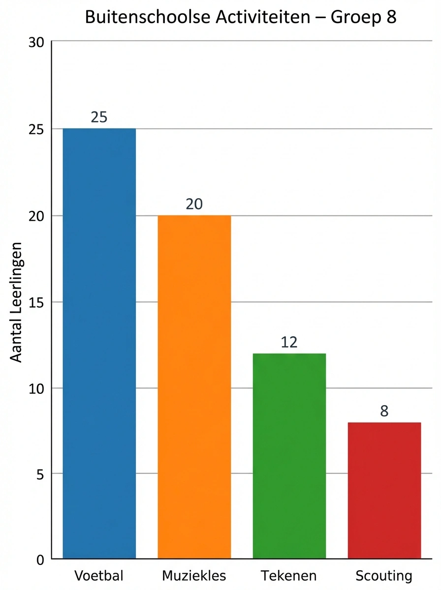 Staafdiagram met vier buitenschoolse activiteiten voor groep 8: Voetbal 25, Muziekles 20, Tekenen 12 en Scouting 8 leerlingen. Waarden zichtbaar boven elke balk