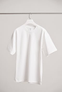 Simple white t-shirt hanging in a modern Shanghai boutique, emphasizing fashion minimalism.
