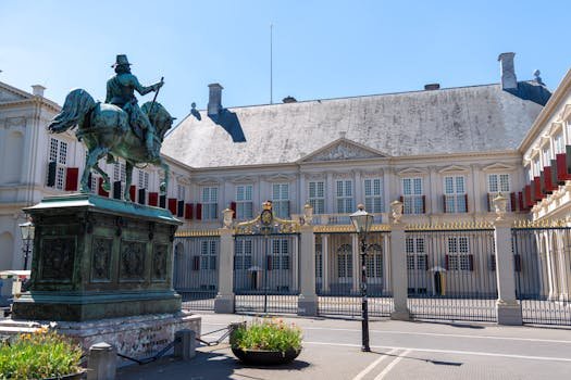 Equestrian statue near the gates of Noordeinde Palace in The Hague, Netherlands.