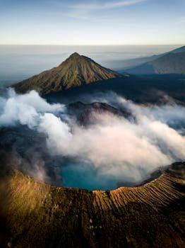 Captivating aerial view of Mount Ijen, Indonesia with its turquoise crater lake and lush surroundings.