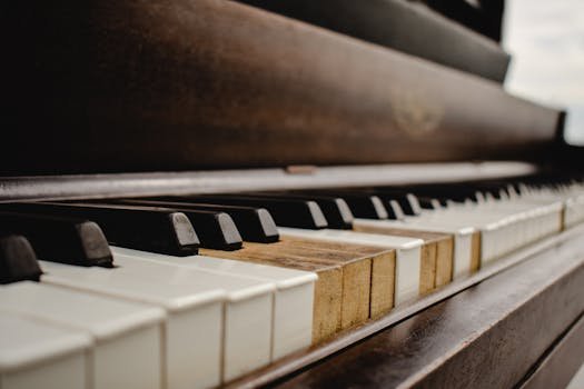 Detailed view of vintage piano keys showcasing texture and aging indoors.